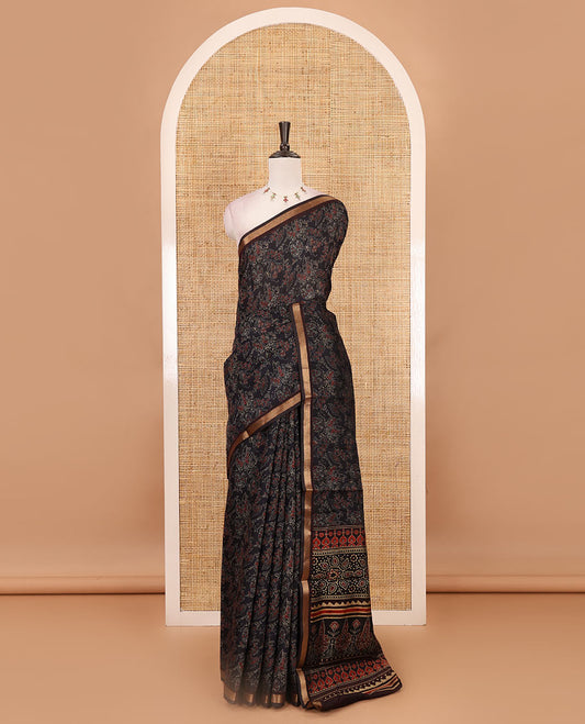 Black Ajrakh-style printed Muslin cotton saree, contrast zari border, Ajrakh printed pallu & contarst buttas printed blouse
