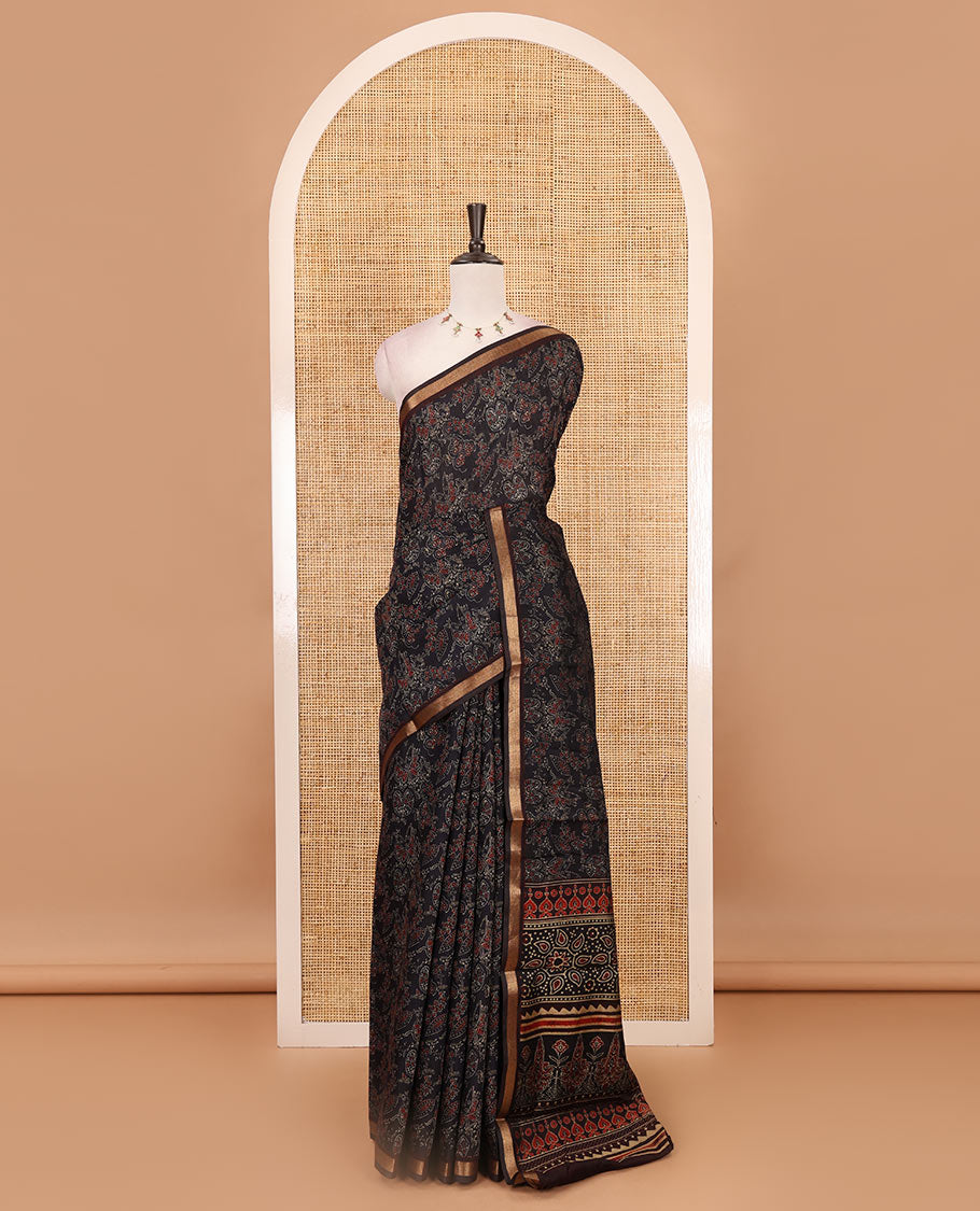 Black Ajrakh-style printed Muslin cotton saree, contrast zari border, Ajrakh printed pallu & contarst buttas printed blouse