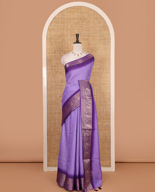 Lavender gold zari vertical striped dola silk saree, contrast traditional zari border of manga design, striped pallu & contrast diamond design blouse