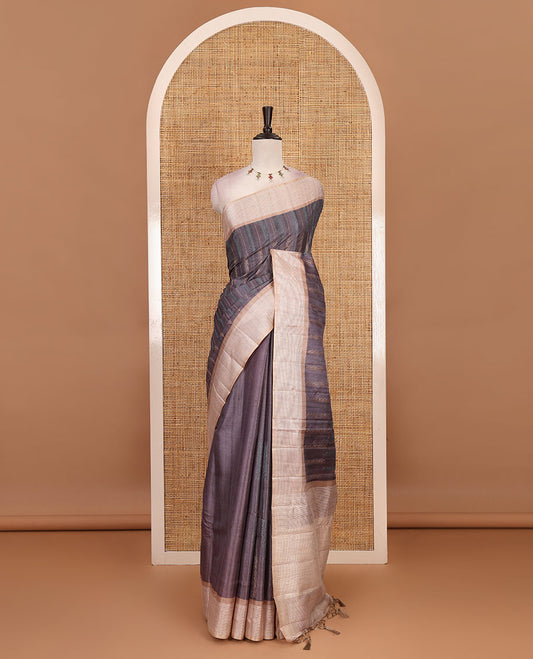 Grey floral vines thread embroidered Tussar saree, contrast Thread border, plain pallu, and contrast blouse