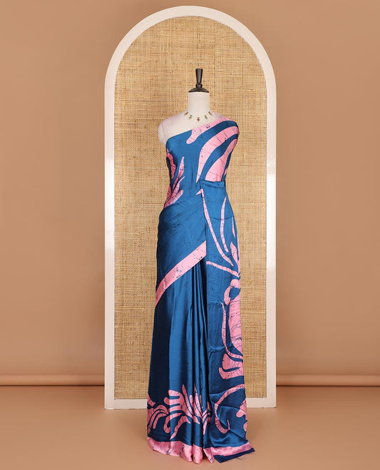 Borderless blue  abstract style vines batik printed Gajji silk saree, printed pallu, and plain blouse