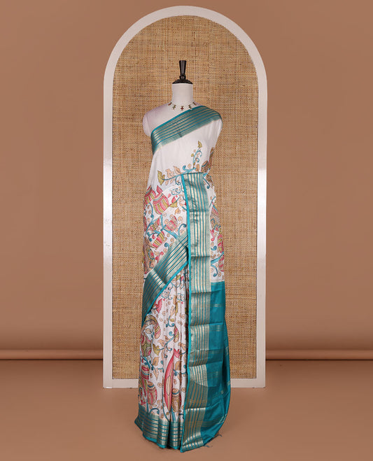 Half-white kalamkari style colorful printed art Mysore silk saree, contrast traditional zari border, zari striped pallu, and contrast plain blouse