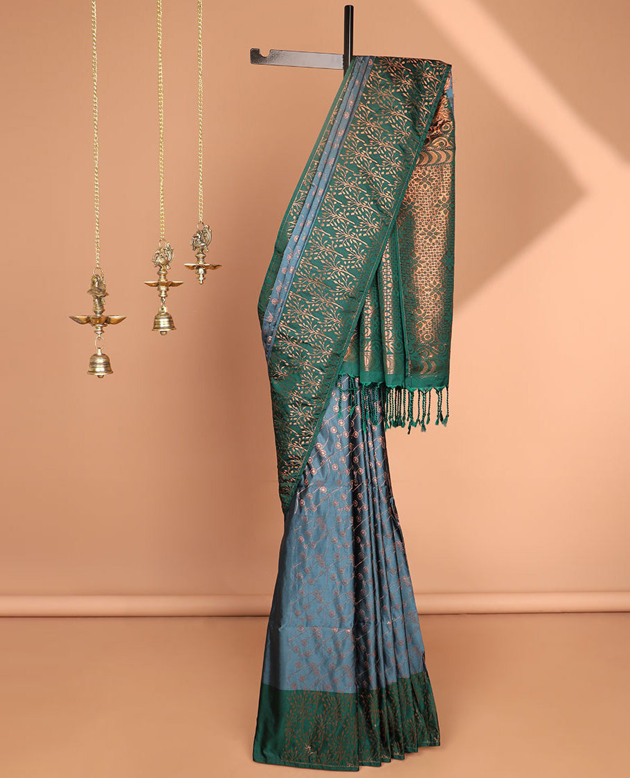Grey with bottle green all-over zari jaal weaving luxury soft silk saree with contrast korvai border & contrast heavy rich pallu with tussels, contrast plain blouse