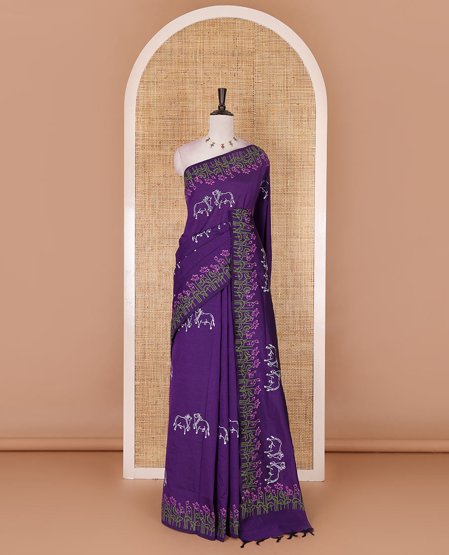 Borderless violet camel motifs and geometric patterns, handblock printed poly cotton saree, handblock printed pallu, and contrast printed blouse