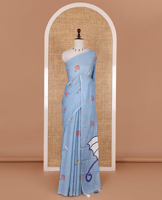 Borderless Sea blue umbrella motifs printed linen cotton saree, self-pallu of big umbrella motifs and contrast blouse