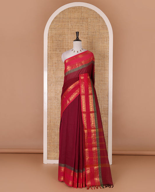Magenta striped Chettinad cotton saree, contrast rettai rettu rudraksham motif zari border, striped pallu, and matching blouse