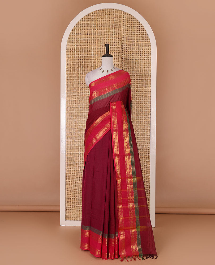 Magenta striped Chettinad cotton saree, contrast rettai rettu rudraksham motif zari border, striped pallu, and matching blouse