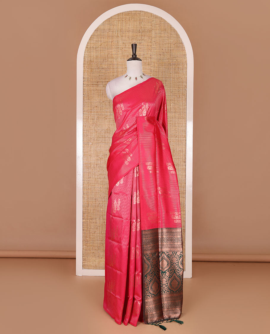 Borderless pink stripes and zari floral buttas elite soft silk saree, contrast ogee patterned zari pallu, and contrast zari design blouse