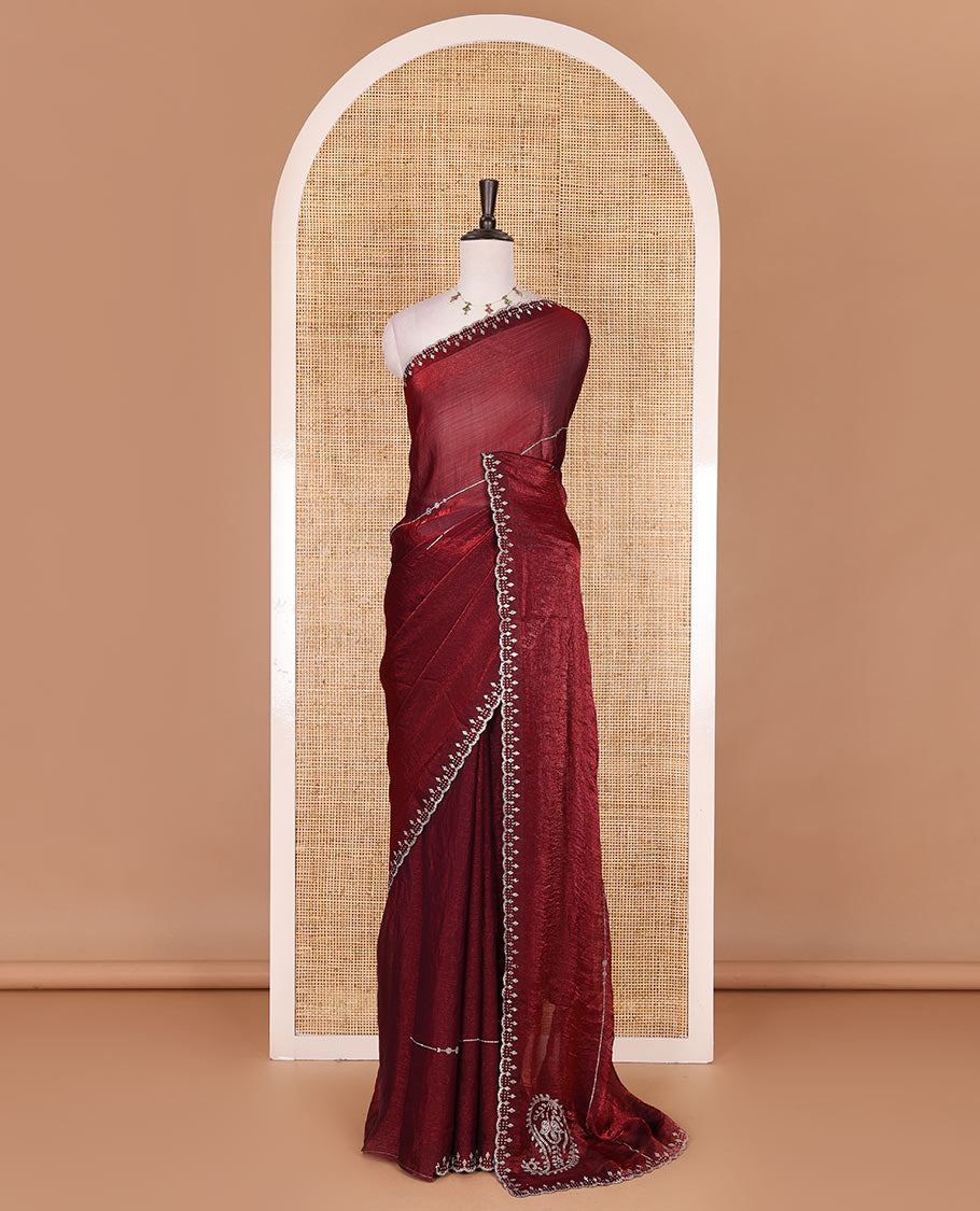 Maroon micro stonework Fendi chiffon saree, scallop micro stonework border, stonework paisley pallu, and matching micro stone work blouse
