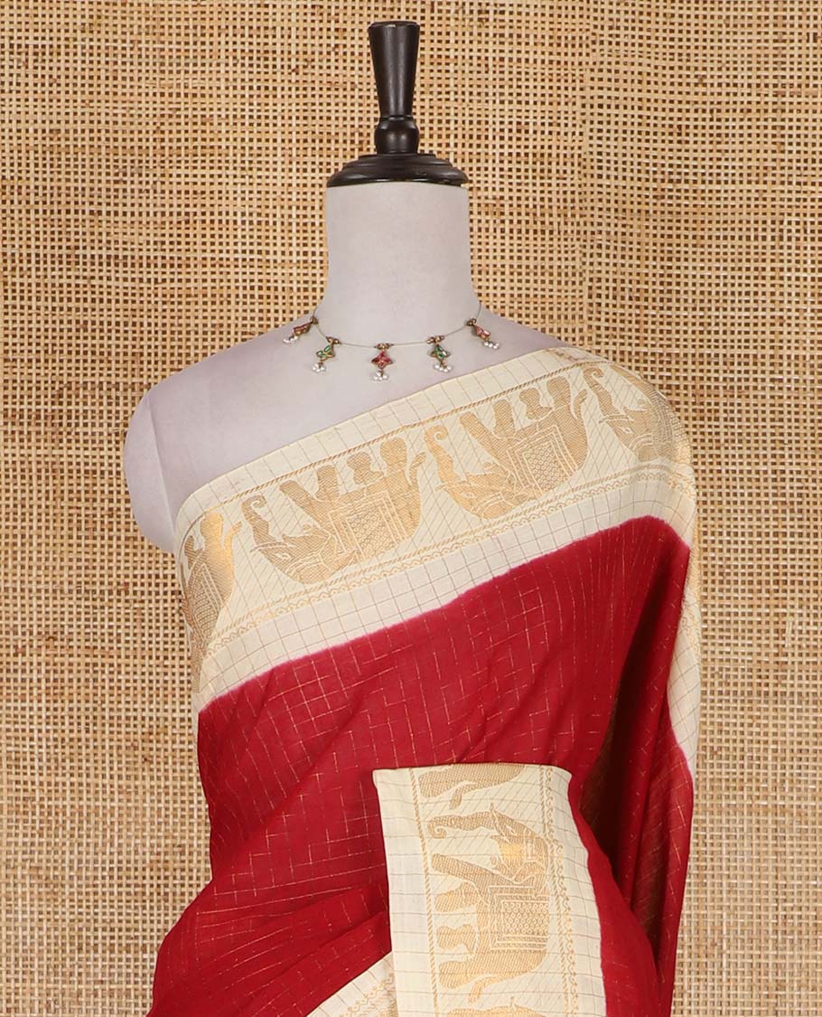 Maroon zari checked Sungudi cotton saree, contrast elephant motif border, zari striped pallu, and contrast zari design blouse