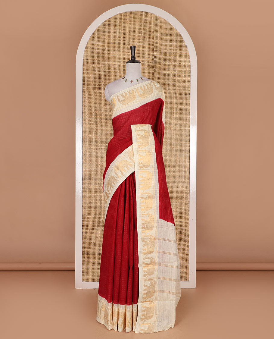Maroon zari checked Sungudi cotton saree, contrast elephant motif border, zari striped pallu, and contrast zari design blouse