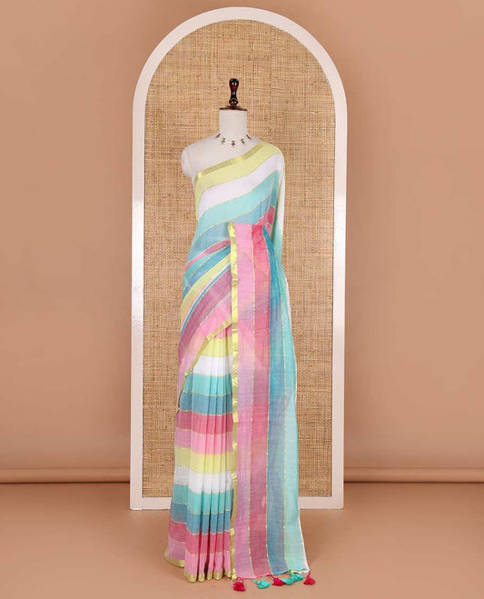 Borderless multi-hue rainbow striped khadi mul cotton saree, self-pallu with multi-hue tassels and a matching blouse