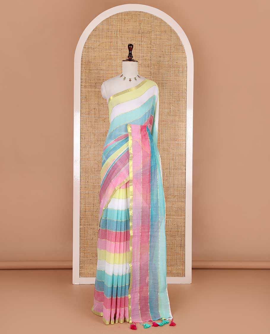 Borderless multi-hue rainbow striped khadi mul cotton saree, self-pallu with multi-hue tassels and a matching blouse