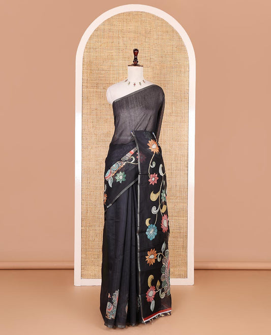 Borderless black kalamkari floral vine and peacock printed Chanderi cotton saree, printed pallu, and matching kalamkari printed blouse