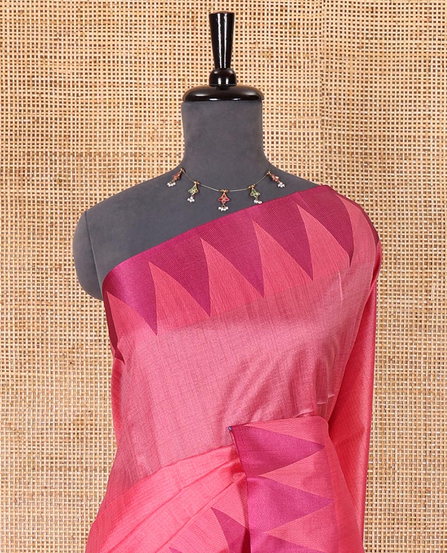 Pink sparsely striped semi-tussar saree, contrast temple red border, striped pallu, and contrast blouse