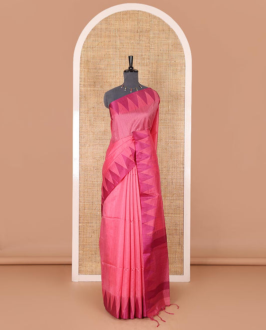 Pink sparsely striped semi-tussar saree, contrast temple red border, striped pallu, and contrast blouse