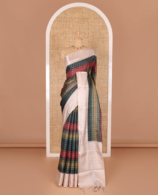 Green multi-color dyed with zari checked semi-tussar saree, contrast temple border of zari stripes, plain pallu, and contrast plain blouse