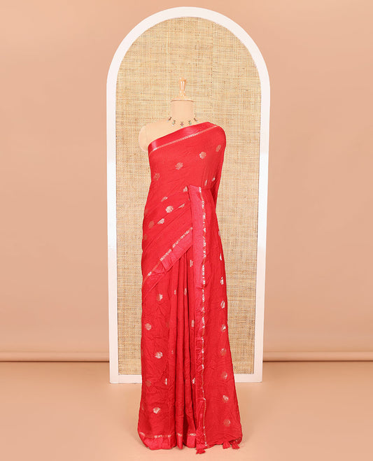 Red floral zari buttas viscose khadi silk saree, traditional zari satin border, floral zari buttas woven pallu, and a matching zari design blouse