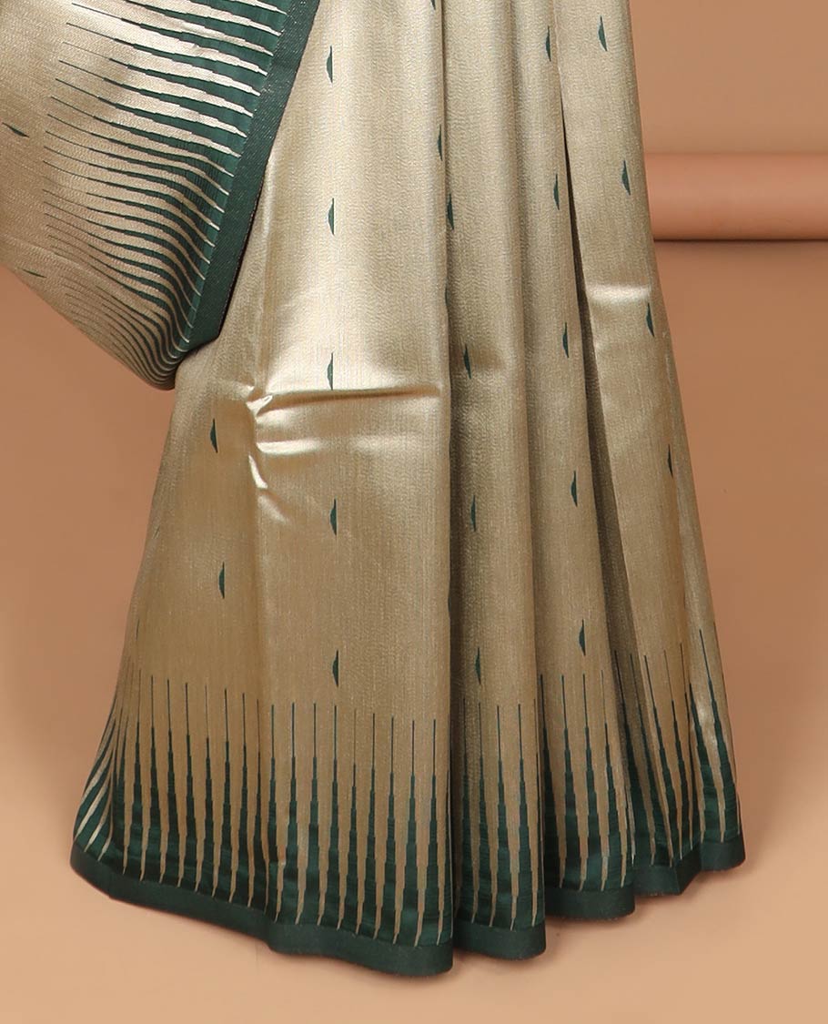 Gold with green color gold zari brocade, thread butta design banaras tissue saree with contrast temple border & lining chit pallu along with plain blouse