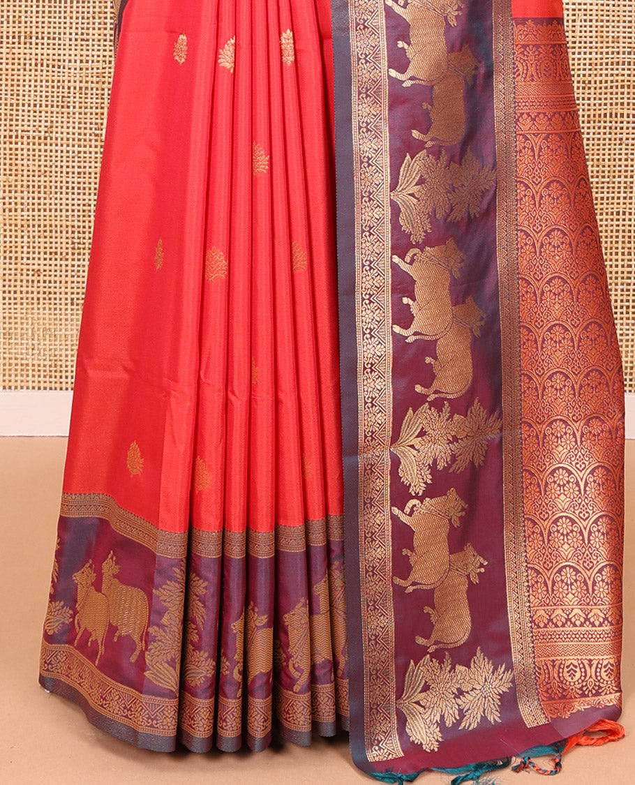 Red zari buttas elite soft silk saree, contrast traditional zari border of Pichwai cow design, scallop pallu, and a contrast zari design blouse
