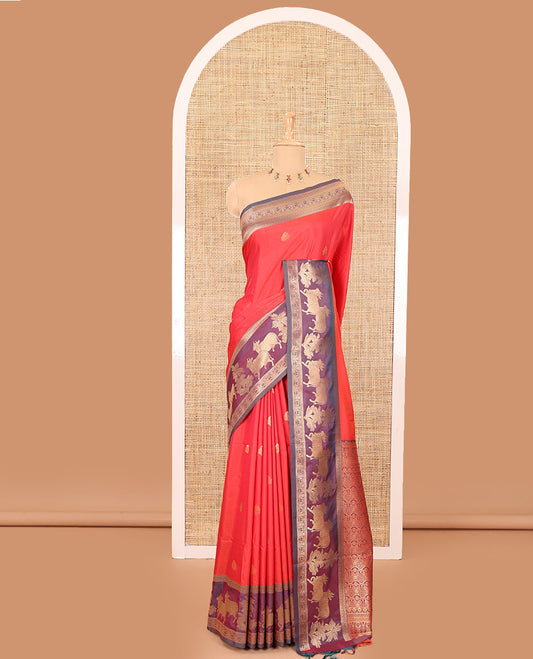 Red zari buttas elite soft silk saree, contrast traditional zari border of Pichwai cow design, scallop pallu, and a contrast zari design blouse
