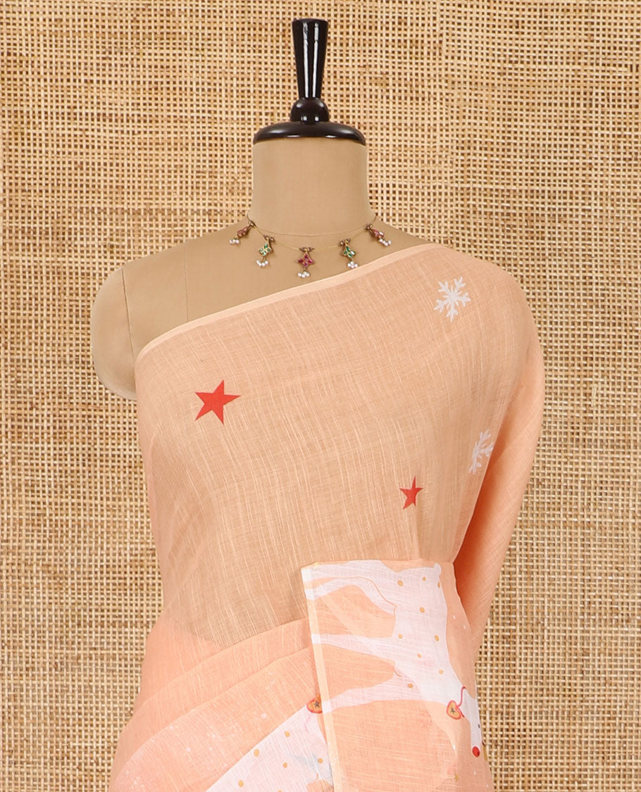 Borderless sandal-base Christmas theme snow flakes, stars, trees, and deer motifs printed linen cotton with a contrast printed blouse of stars and snow flakes