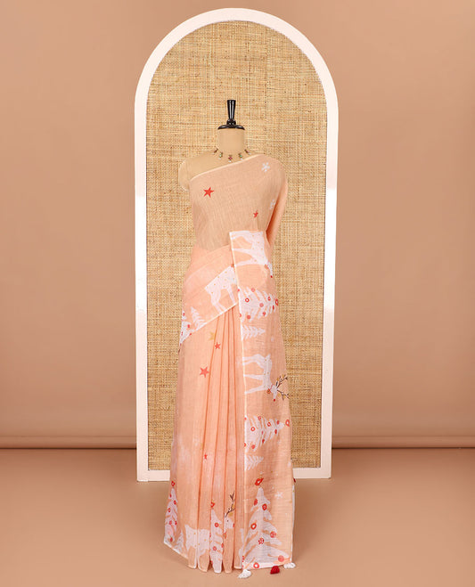 Borderless sandal-base Christmas theme snow flakes, stars, trees, and deer motifs printed linen cotton with a contrast printed blouse of stars and snow flakes