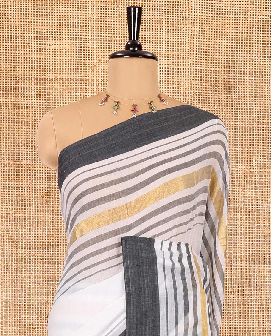 Cream and black plain khadi mul cotton saree with contrast double-sided border of horizontal stripes, striped pallu, and a matching blouse