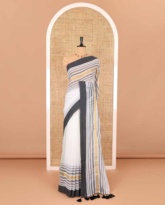 Cream and black plain khadi mul cotton saree with contrast double-sided border of horizontal stripes, striped pallu, and a matching blouse