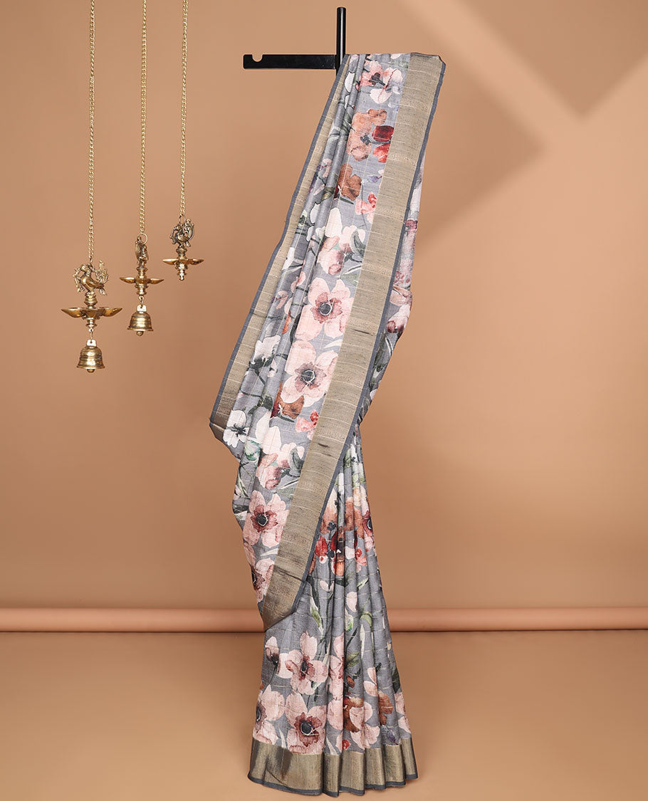 Grey zari checks, digital floral printed semi tussar saree with kicha zari border