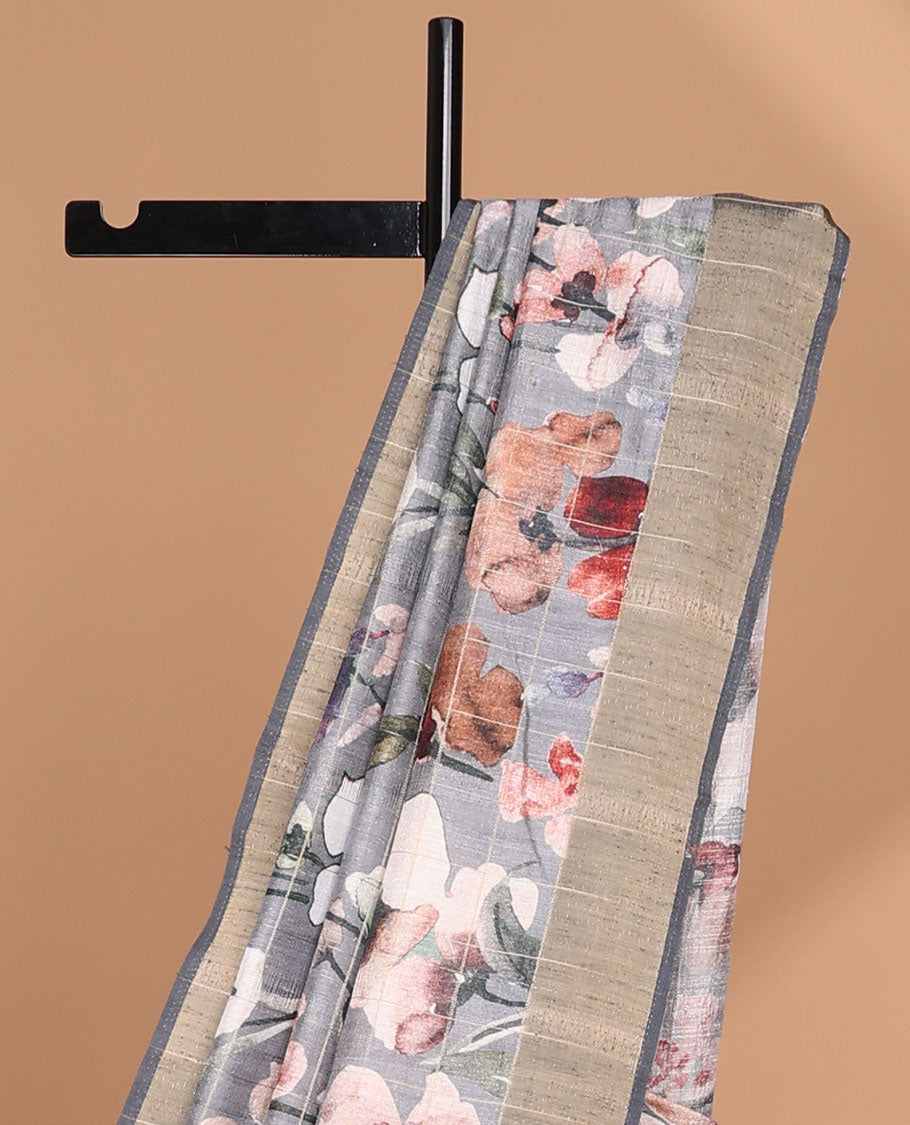 Grey zari checks, digital floral printed semi tussar saree with kicha zari border