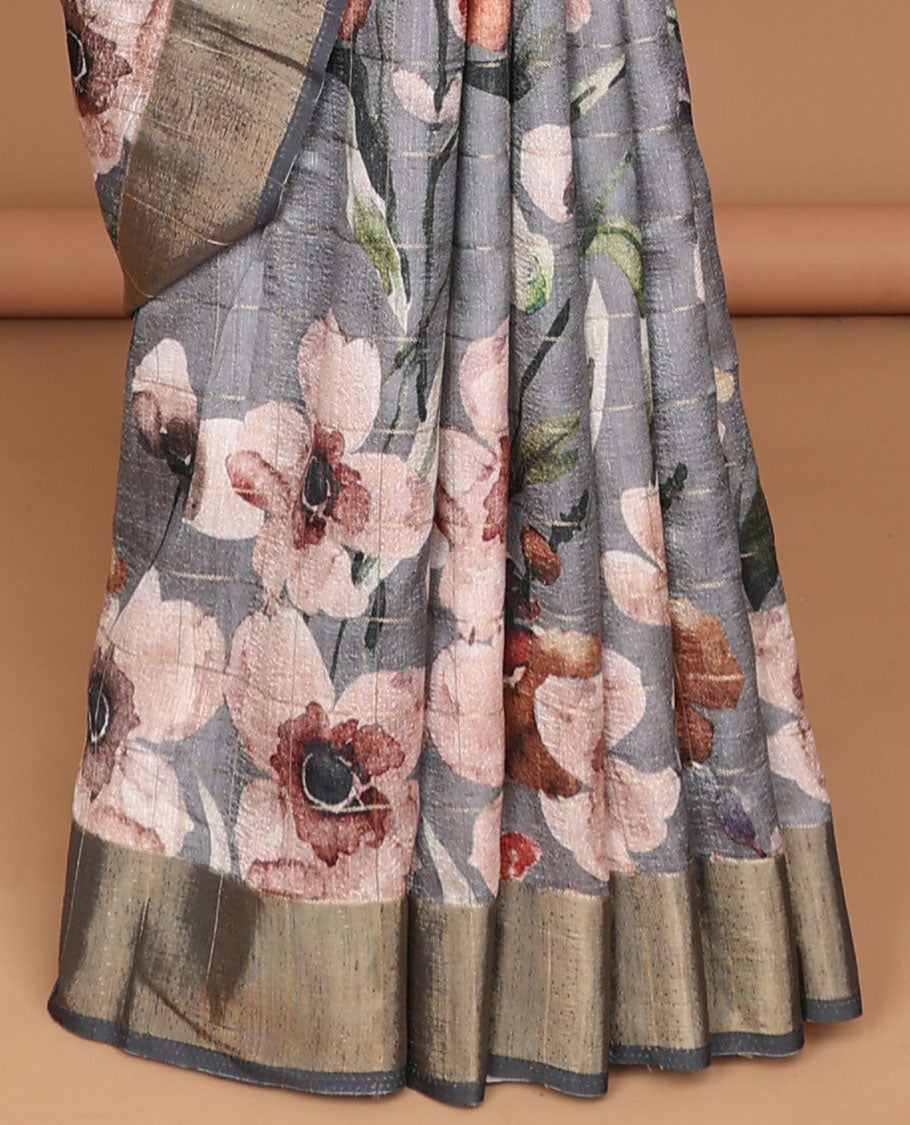 Grey zari checks, digital floral printed semi tussar saree with kicha zari border