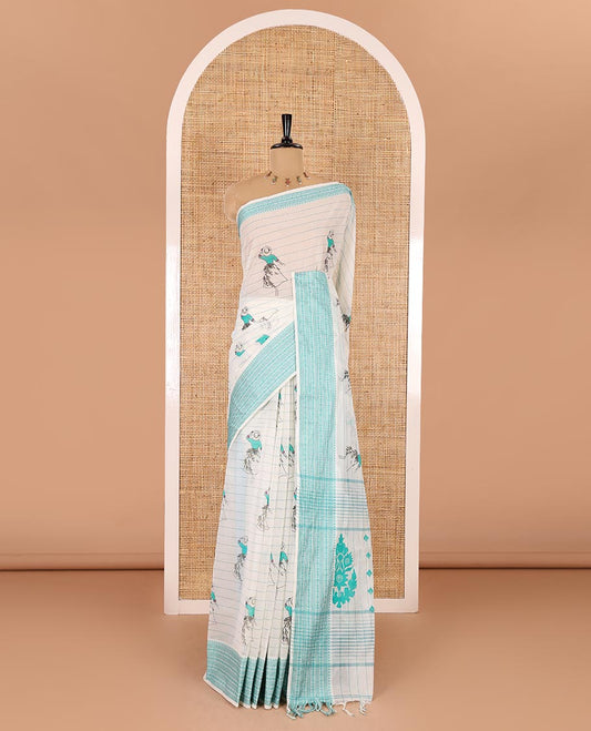 Cream-rama horizontal striped and girl motifs printed Mangalagiri cotton saree, traditional motifs woven border, printed pallu, and a contrast blouse