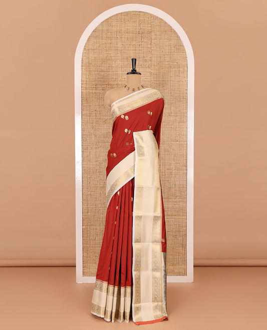 Red zari buttas soft silk saree , contrast peacock and mango zari weaving border , contrast weaving rich pallu and contrast Blouse