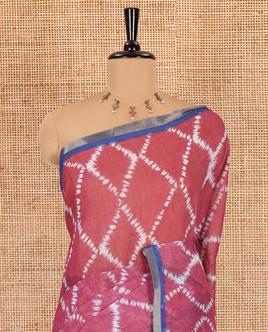 Pink argyle shibori printed linen cotton saree, contrast border, kalamkari floral vine printed pallu, and a contrast kalamkari printed blouse