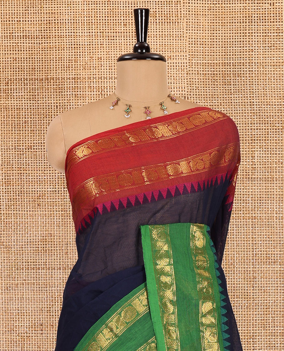 Navy blue plain chettinad cotton saree , ganga jamuna rettai pettu border , lining pallu with tussels