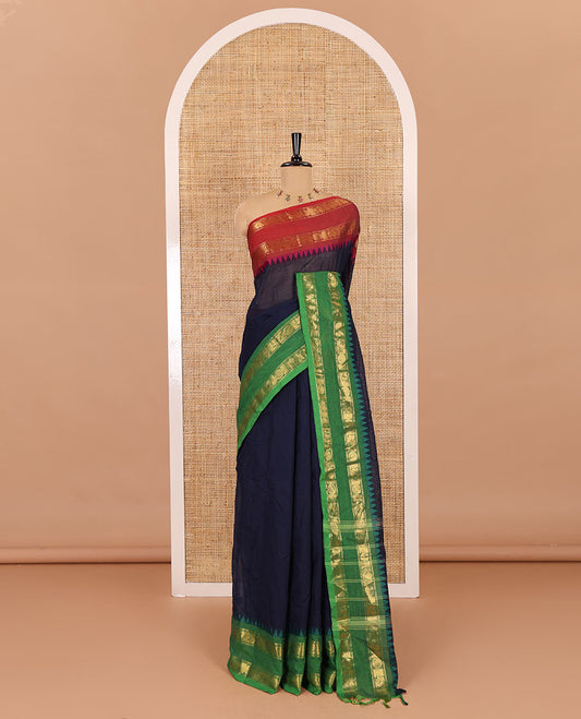 Navy blue plain chettinad cotton saree , ganga jamuna rettai pettu border , lining pallu with tussels