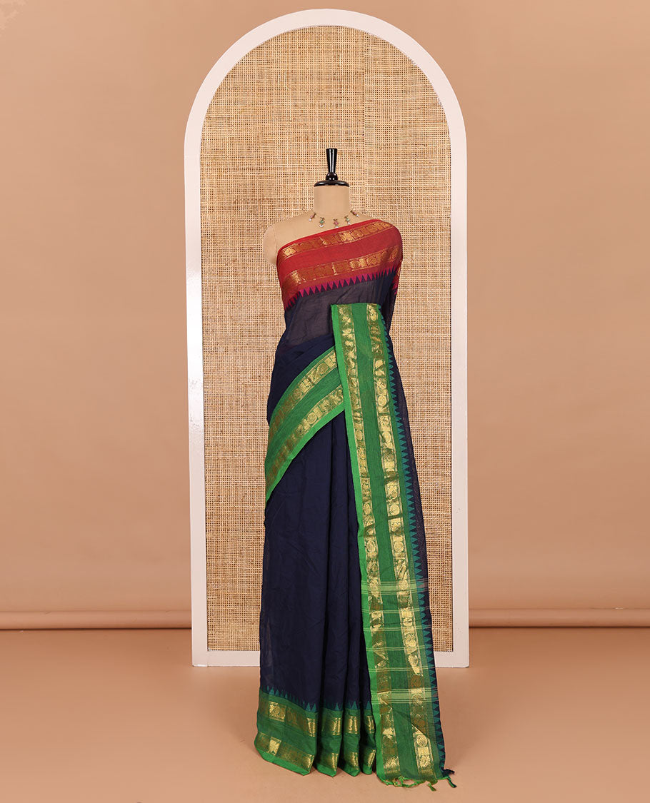 Navy blue plain chettinad cotton saree , ganga jamuna rettai pettu border , lining pallu with tussels