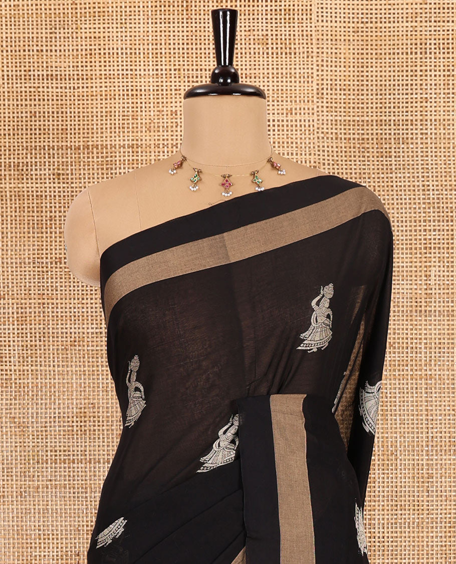 Black girl motifs mercerised cotton saree, bavanji border, girl motifs steeped pallu, and a matching blouse