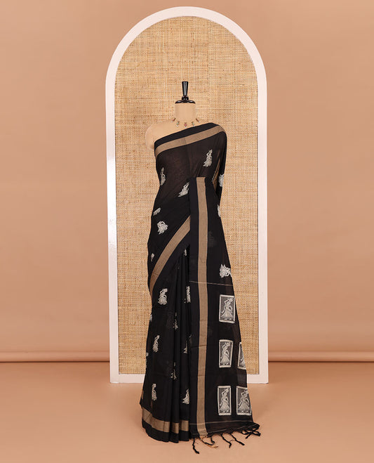 Black girl motifs mercerised cotton saree, bavanji border, girl motifs steeped pallu, and a matching blouse