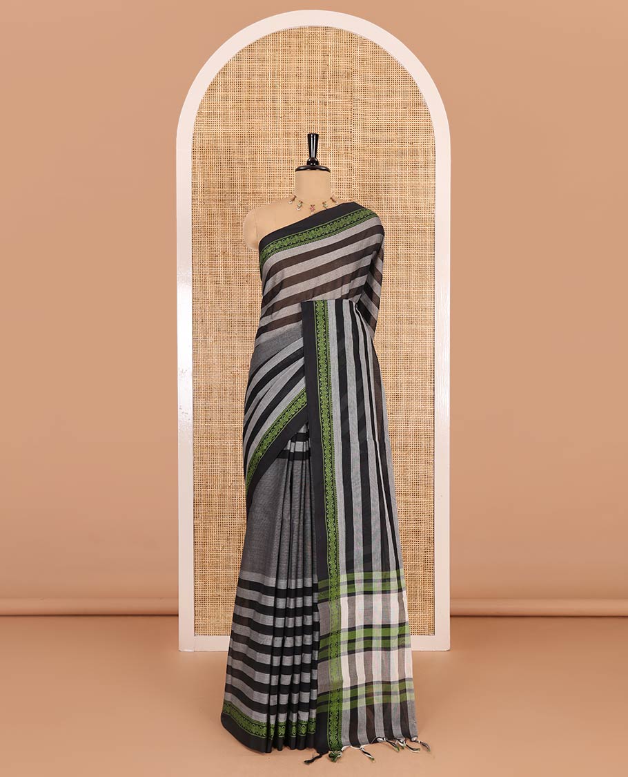 Grey and green  stripes and plain Mangalagiri cotton saree, contrast plain border, striped pallu, and a contrast horizontal striped blouse