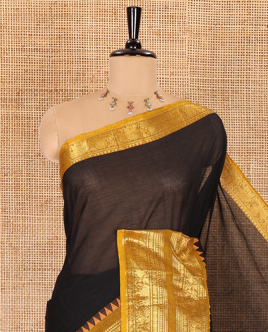 Black plain design Chettinad cotton saree, contrast temple traditional zari design border, striped pallu, and a matching blouse