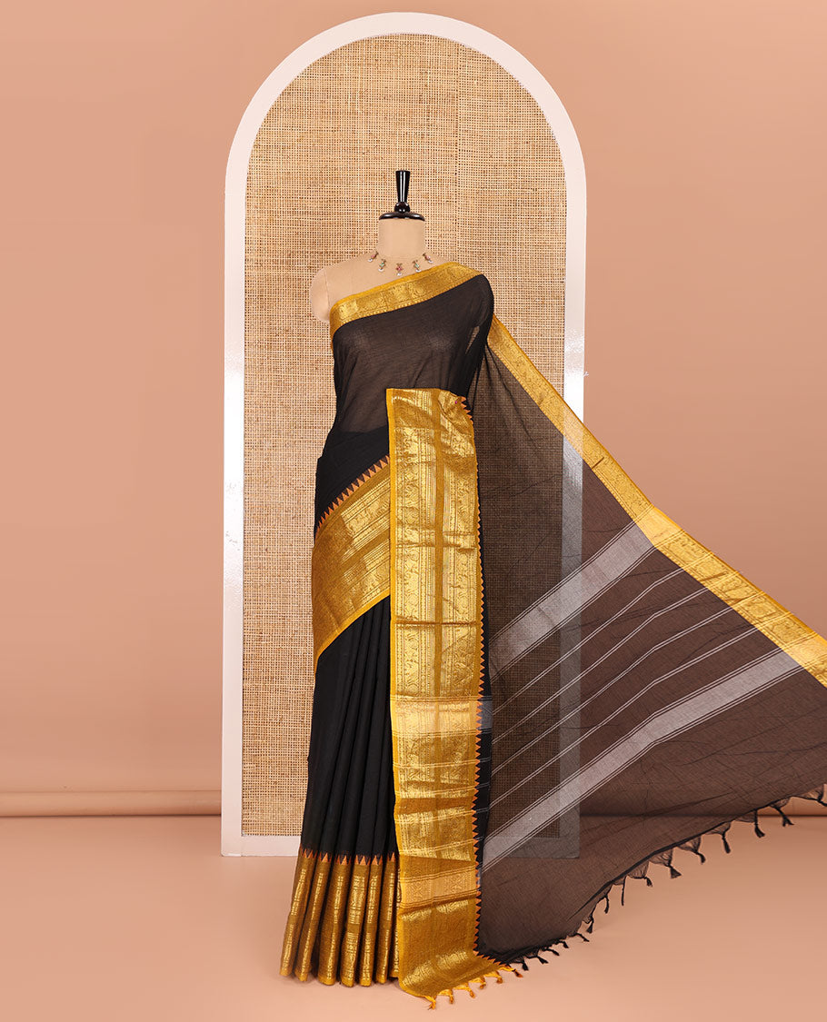 Black plain design Chettinad cotton saree, contrast temple traditional zari design border, striped pallu, and a matching blouse