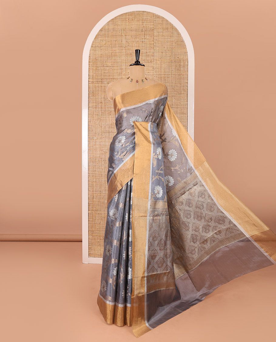Grey floral jaal jacquard tissue silk saree, contrast bavanji border, floral design pallu, and a scallop design blouse
