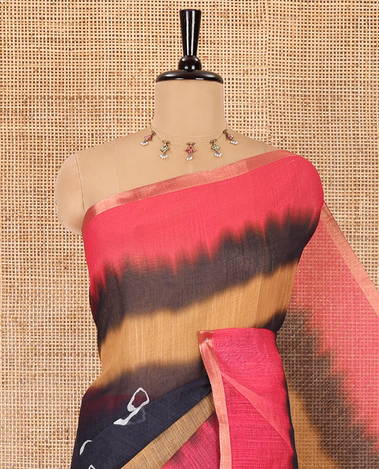 Black bandhani motifs printed linen cotton saree, tri-color dye print and piping zari border, printed pallu, and a matching blouse