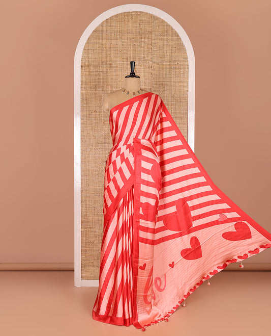 Redish pink striped valentine's day special satin crepe saree, plain border, Heart motifs printed pallu, and a heart motifs printed blouse