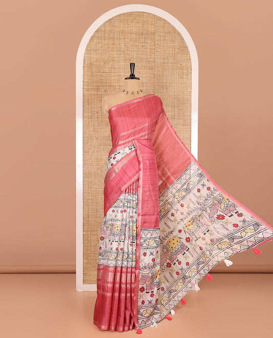 Pink Madhubani elephant motifs printed moss crush saree, double-sided zari border, Madhubani village printed pallu, and a floral buttas printed blouse