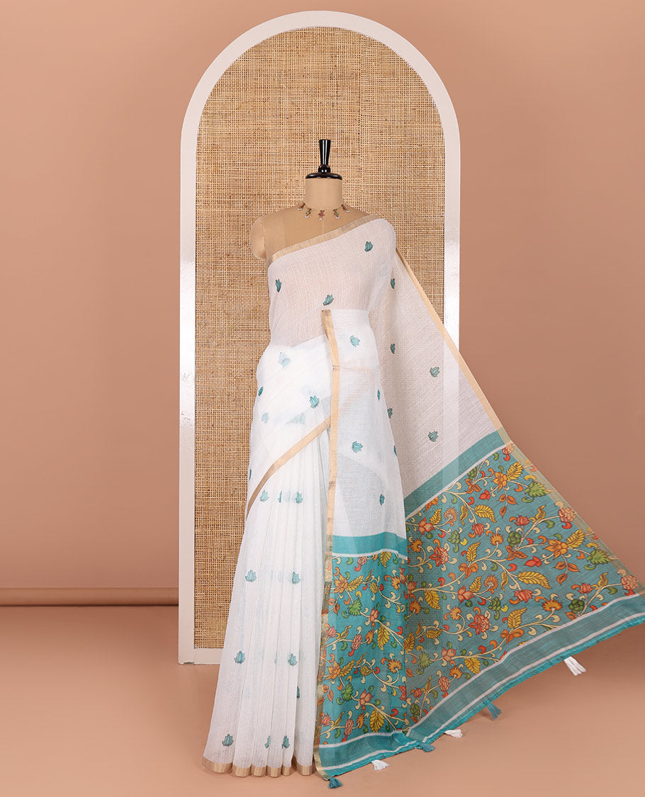 White lotus motifs printed linen saree, piping border, contrast floral vine printed pallu, and contrast printed blouse