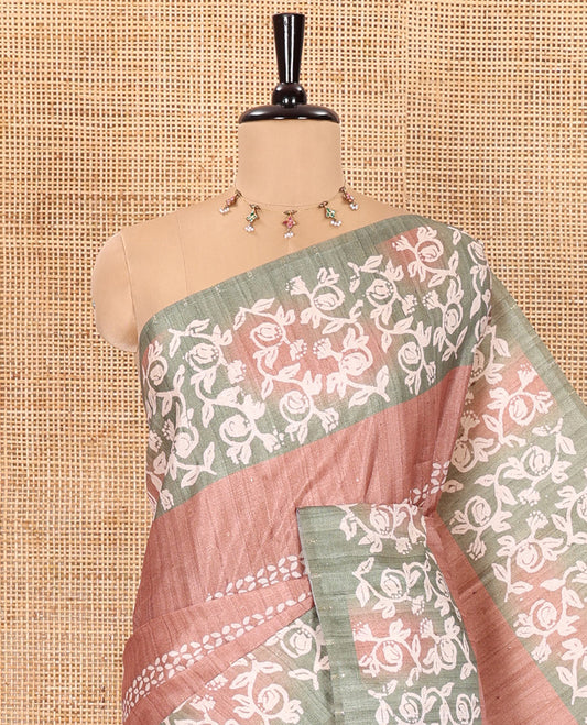 Light brown sparkling dots and batik printed semi-tussar saree, contrast batik printed floral vine border, printed pallu, and a contrast printed blouse