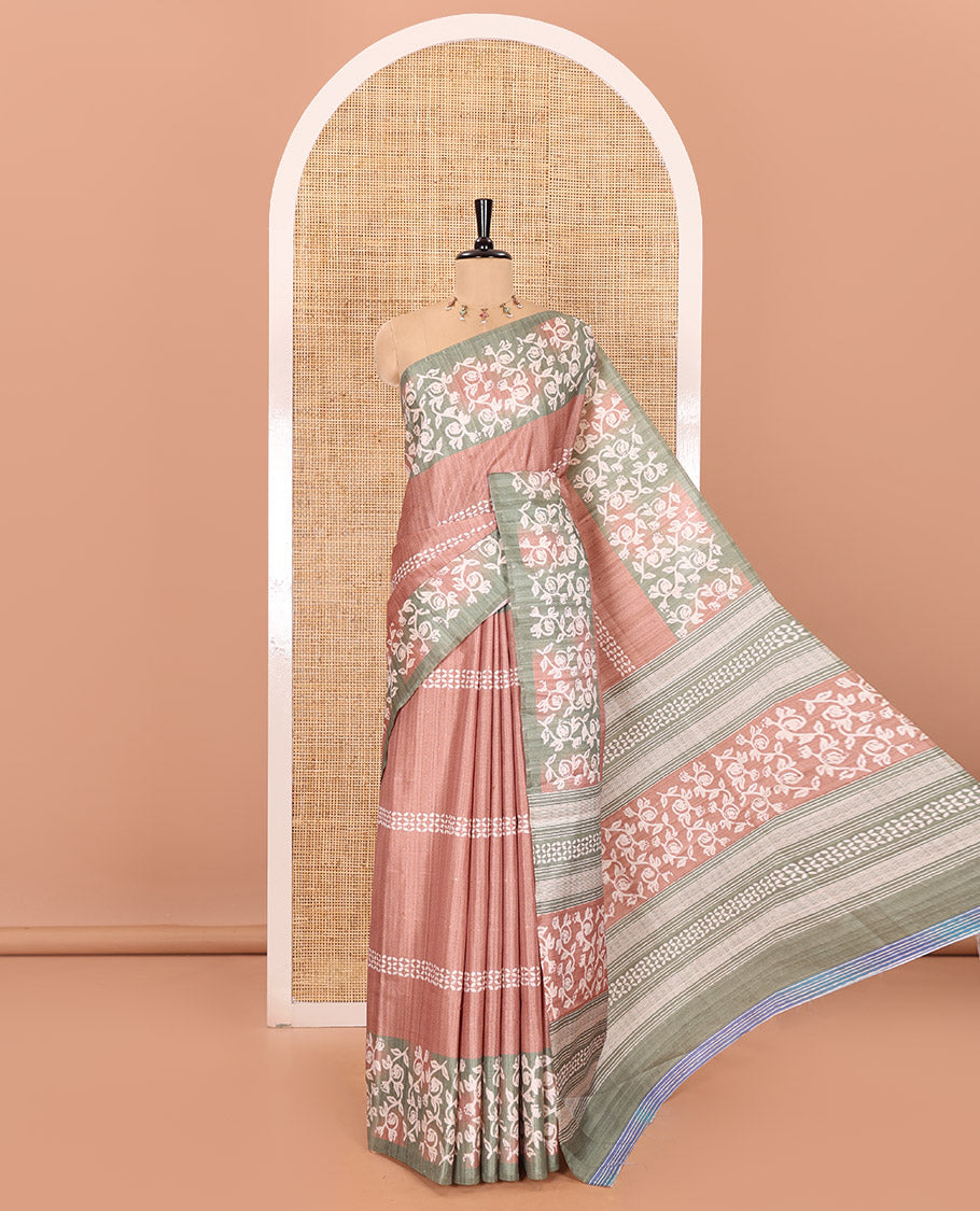 Light brown sparkling dots and batik printed semi-tussar saree, contrast batik printed floral vine border, printed pallu, and a contrast printed blouse